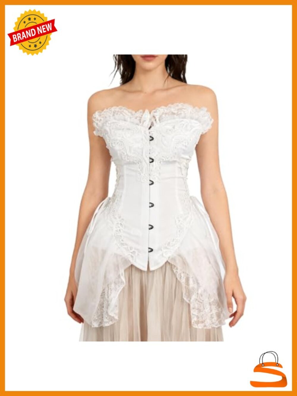 Victorian Corset Bustier Dress with Floral Lace, Strapless, Busk Front, Corset